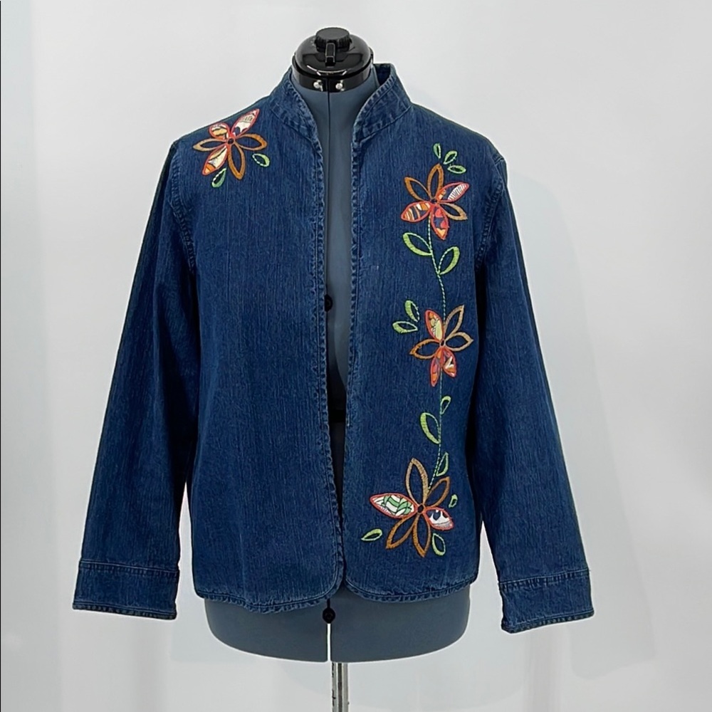 ALFRED DUNNER WOMENS VINTAGE SIZE 16 Embroidered Floral Denim Jacket
